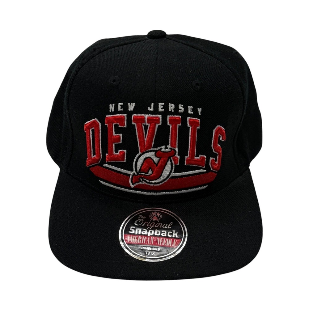 American Needle New Jersey Devils NHL Snapback Hat Black Red Flat Bill Cap Wool